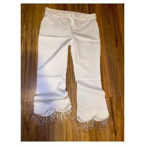 White pants with sparkly fringe!